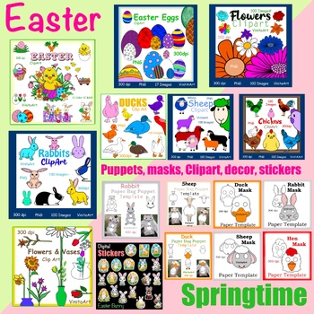 Preview of Easter Springtime bundle! Clipart, decor,masks,puppets,stickers