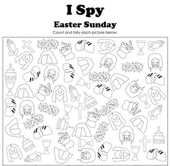 Preview of Easter - Sunday School, Christian I Spy | Count and Color | Math and Graphing