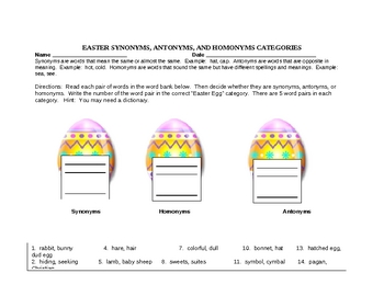 Preview of Easter Synonyms, Antonyms, and Homonyms (Secular)