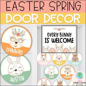 Preview of Easter Theme Spring Boho Bunny Door Display/Bulletin Board Kit, EDITABLE Decor