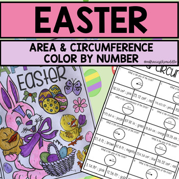 Preview of Easter Themed Area & Circumference Color by Number | 7th Grade Math