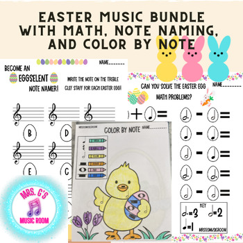 Preview of Easter Themed Music Bundle with Music Math, Color by Note, Note Naming for K-5