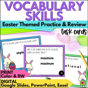 Preview of Easter ELA Vocabulary Skills Task Cards for Spring: Roots, Base Words, Syllables