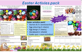 Preview of Easter activities pack/lesson. KS3 & KS4. Easter quiz, storyboard, egg design +