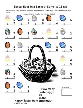 Preview of Easter addition with 18 (all) math from new Easter math worksheet pages