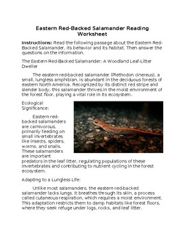 Preview of Eastern Red-Backed Salamander Reading Worksheet w/Answer Key **Editable**
