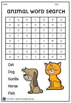 Easy Animal Wordsearch {Free} by Kim Maslin - Digital Technologies Educator