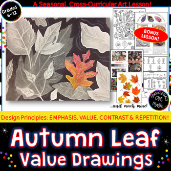 Preview of Middle School Drawing Art Lesson: Value Shading! Autumn Leaves with Emphasis