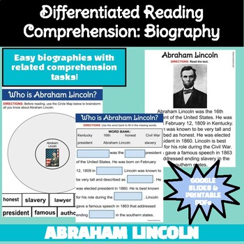 Preview of Easy Differentiated Biography with Reading Comp for SpEd (Abraham Lincoln)