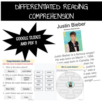 Preview of Easy Differentiated Biography with Reading Comp for SpEd (Justin Bieber)