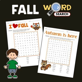 Preview of Easy Fall Word Search Autumn Puzzle September October Kindergarten 1st 2nd Grade