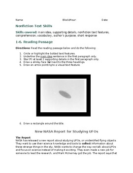 Preview of Easy/No Prep Nonfiction Text Skills: NASA & UFOs Middle & High School ESL