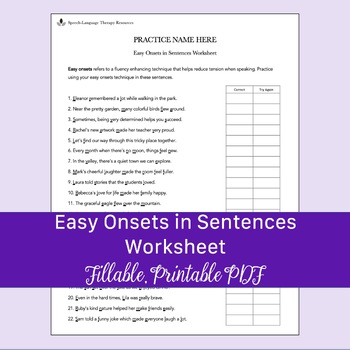Preview of Easy Onsets in Sentences Worksheet for Stuttering Speech Therapy | Editable PDF