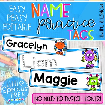 Preview of Easy Peasy Editable Name Practice Tags - Monster Theme Pre-K, Preschool, Kinder