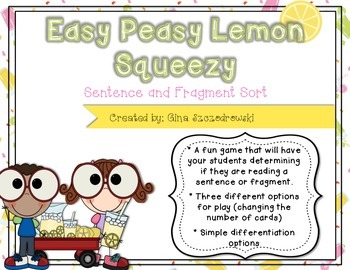 Easy Peasy Lemon Squeezy Sentence and Fragment Sort by Gina S | TpT
