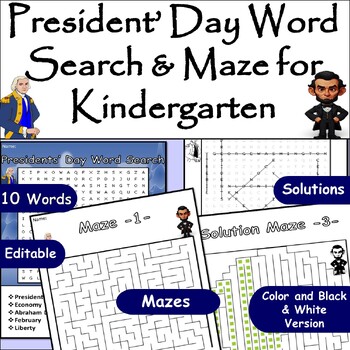 Preview of Easy Presidents’ Day Fun for Kindergarten: Word Find Puzzle Search & Maze
