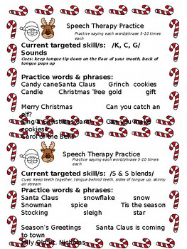 Preview of Easy Speech Therapy (Artic) Homework for Christmas