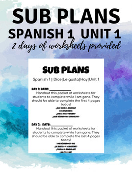 Preview of Easy Sub Plans|Ci-based Curriculum|Unit 1 Spanish 1|Review|Dice|Le gusta|Hay