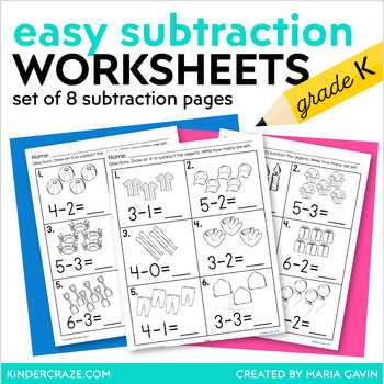 Preview of Easy Subtraction Practice for Kindergarten - Math Worksheets - Subtraction Intro