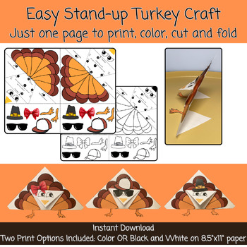 Preview of Easy, No-Prep Thanksgiving Turkey Craft - Stand-up Turkey to Color and Customize