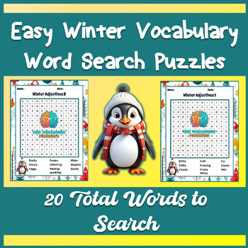 Preview of Winter Adjectives | Easy Winter Vocabulary Word Search Puzzles | Penguin Themed