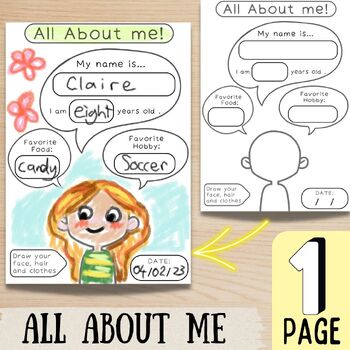 Preview of Easy all about me worksheet, comic book template for ESL students or young kids
