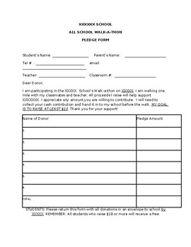 Preview of Easy fundraiser that makes the most $$: Walk-a-thon letter&Pledge form-editable
