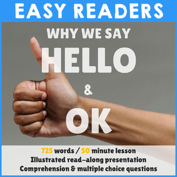 Preview of Reading comprehension - The origins of 'Hello' and 'OK' - PowerPoint & Worksheet