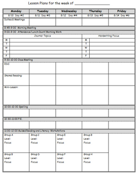 Preview of Easy-to-Use Weekly Elementary Lesson Plan Template