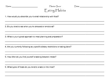 Preview of Eating Habits Worksheet For Balanced Nutrition and Wellness