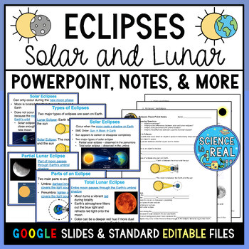 Preview of Lunar and Solar Eclipses PowerPoint with Student Notes, Questions, and Kahoot