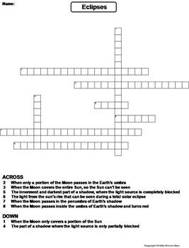 Solar and Lunar Eclipses Worksheet/ Crossword Puzzle (Space Science