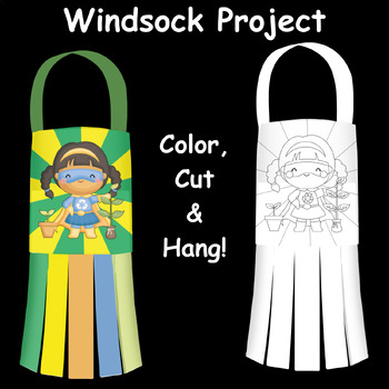 Preview of Eco Heroine: Earth Day Windsock Craft, Girl Superhero Activities Mobile Hanging