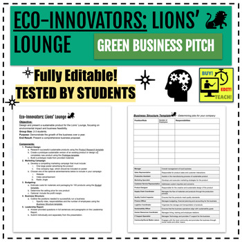 Preview of Eco-Innovators: Lions’ Lounge- Green Business Pitch Project (Editable/Rubric)