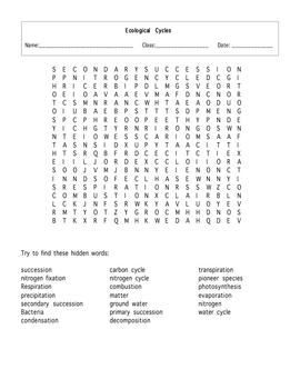 Ecological Cycles Word Search puzzle with key by Maura & Derrick Neill