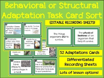 Preview of Ecology Behavioral or Structural Adaptations Sort 52 Task Card Station Activity