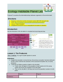 Ecology Habitable Planet Lab With Answer Key By Get It Down To A Science