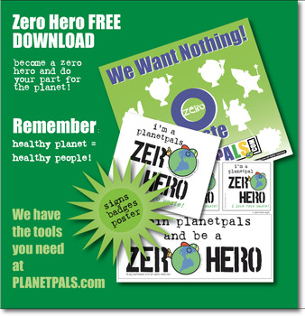 Preview of Earthday Ecology Help Earth ZERO HERO Set Save Planet Kit Poster, Sign, Badges