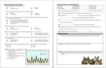 Ecology, Populations and Biodiversity Review Worksheet | TpT