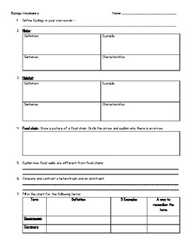 Ecology Vocabulary Activity Worksheet by Michaela O'Brien | TpT