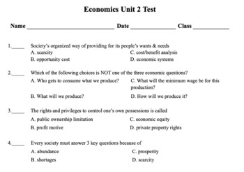 Preview of Economic Questions and Types of Economies Test