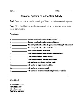 Preview of Economic Systems Fill in the Blank Activity