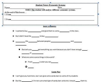 Economic Systems Student Cloze Notes and Teachers Notes by Tabula Rasa