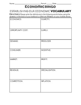 Preview of Economic Unit Vocabulary and Bingo!