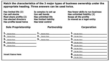 Preview of Economics - Business Structures Worksheet