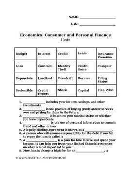 Personal Finance Worksheet Teaching Resources TPT