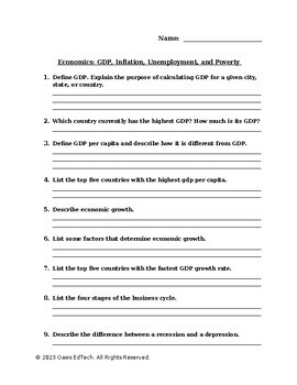 Preview of Economics: GDP, Inflation, Unemployment, Poverty, and Business Cycles Worksheet!