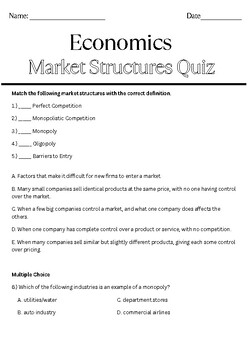 Preview of Economics: Market Structures Quiz