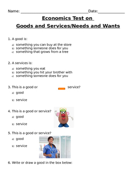 Preview of Economics Test on Goods and Services & Needs and Wants