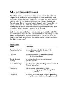 Preview of Economics: Types of Economic Systems Reading and Questions